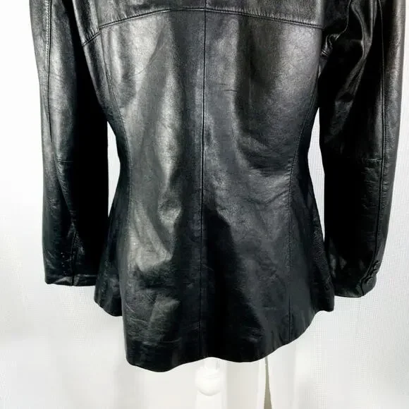 WILSONS LEATHER! RICH BLACK GENUINE LEATHER FITTED BUTTON FRONT JACKET! SZ M - Picture 8 of 12